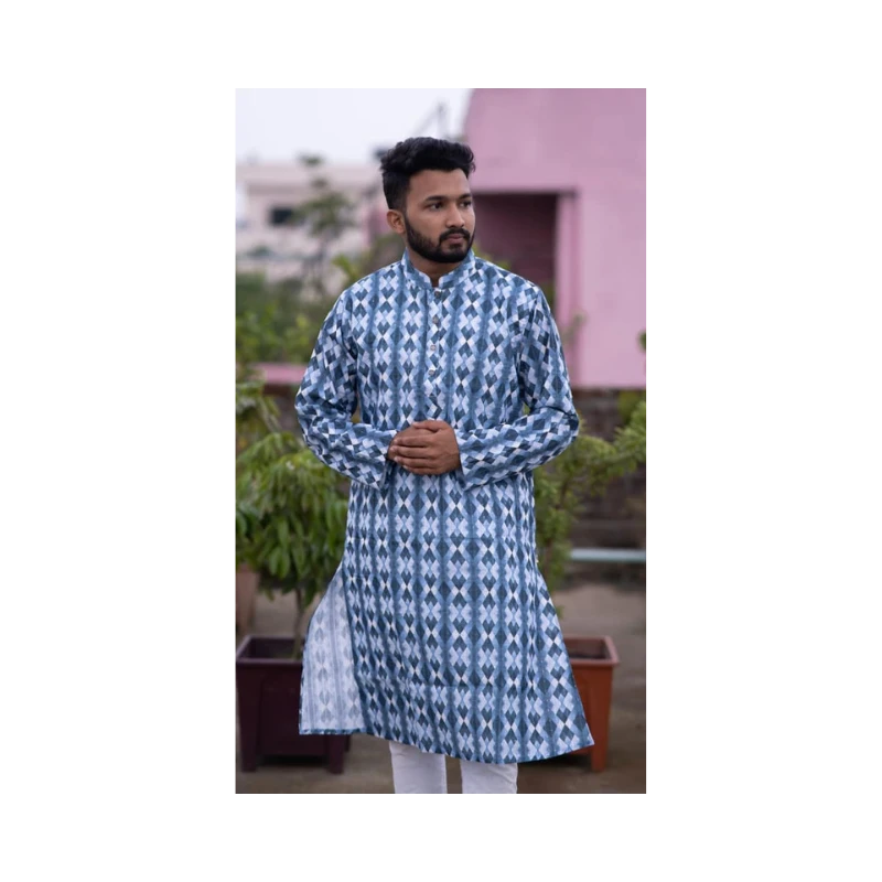 White and Black Sequence Print Cotton Punjabi