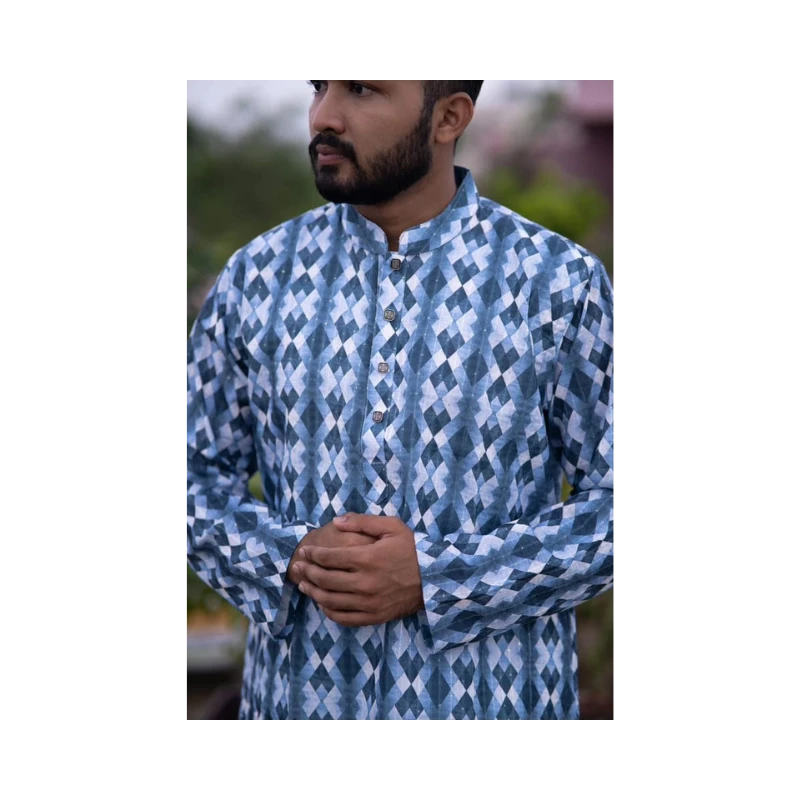 White and Black Sequence Print Cotton Punjabi